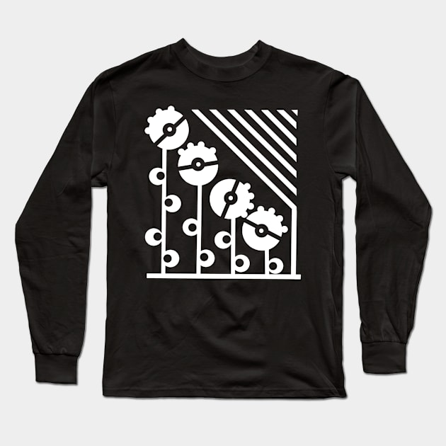 White Mechanical Flowers - Black Long Sleeve T-Shirt by Design Fern